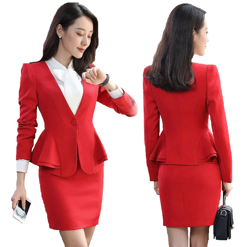 Slim 2 Piece Blazer and Skirt 2024 Spring Autumn New Fashion Office Ladies Ruffle Hem Single Button Blazers Solid Skirt Suits