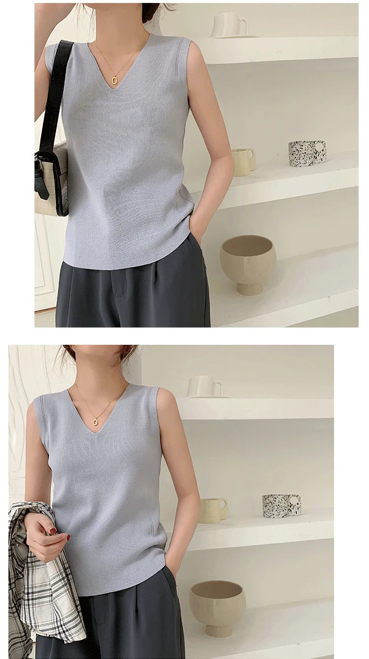 Summer Women Knitted Tank Tops Women Thin Tops Basic Casual Tank Tops V-neck Tees Sleeveless Tops For Women