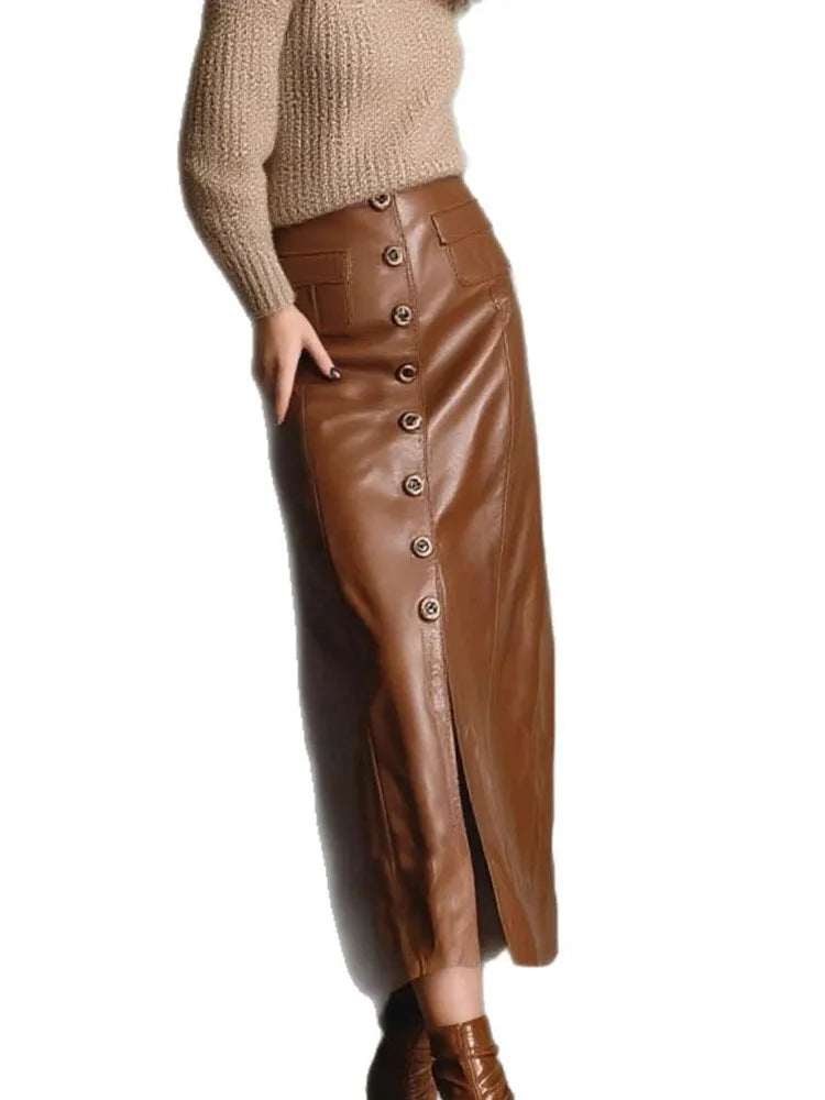 New Autumn And Winter PU Leather Women's Skirt Sexy Button Slit Slim High Waist Long Hip Cover Skirt Casual Womens Clothing