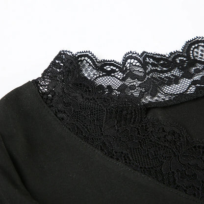 Casual Solid Lace Trim T Shirt Basic Slim V-Neck Long Sleeve Tees Women 2024 Autumn Spring Fashion Streetwear Ladies