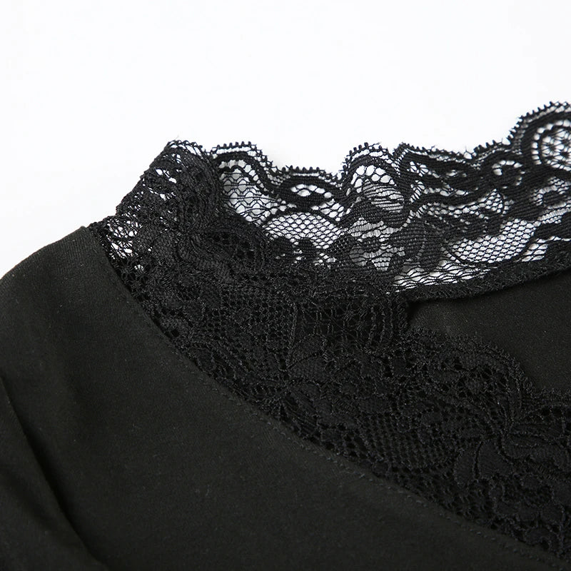 Casual Solid Lace Trim T Shirt Basic Slim V-Neck Long Sleeve Tees Women 2024 Autumn Spring Fashion Streetwear Ladies