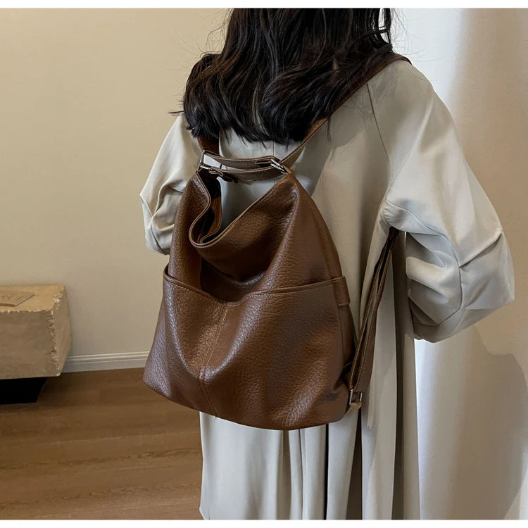 Versatile Student PU Backpack Women New Large Capacity Commute Travel Shoulder Crossbody Bags Fashion All-matched Tote Bag