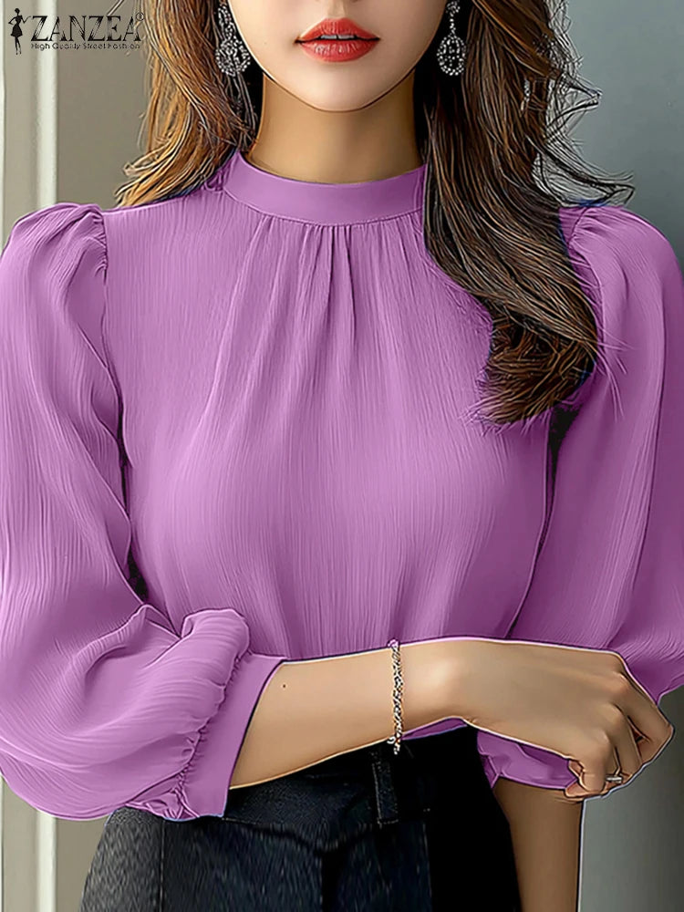Elegant Women Work OL Blouses 2025 ZANZEA Summer Autumn Shirts Stand Neck 3/4 Sleeve Solid Blusas Female Tunic Chemise Oversize