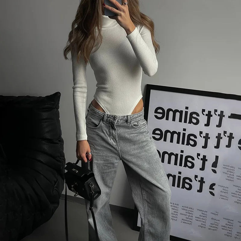 Solid Bodysuits For Women Fashion Sexy Long Sleeves Turtle Neck Slim Romper Female Streetwear Jumpsuits Tops Casual Outfit