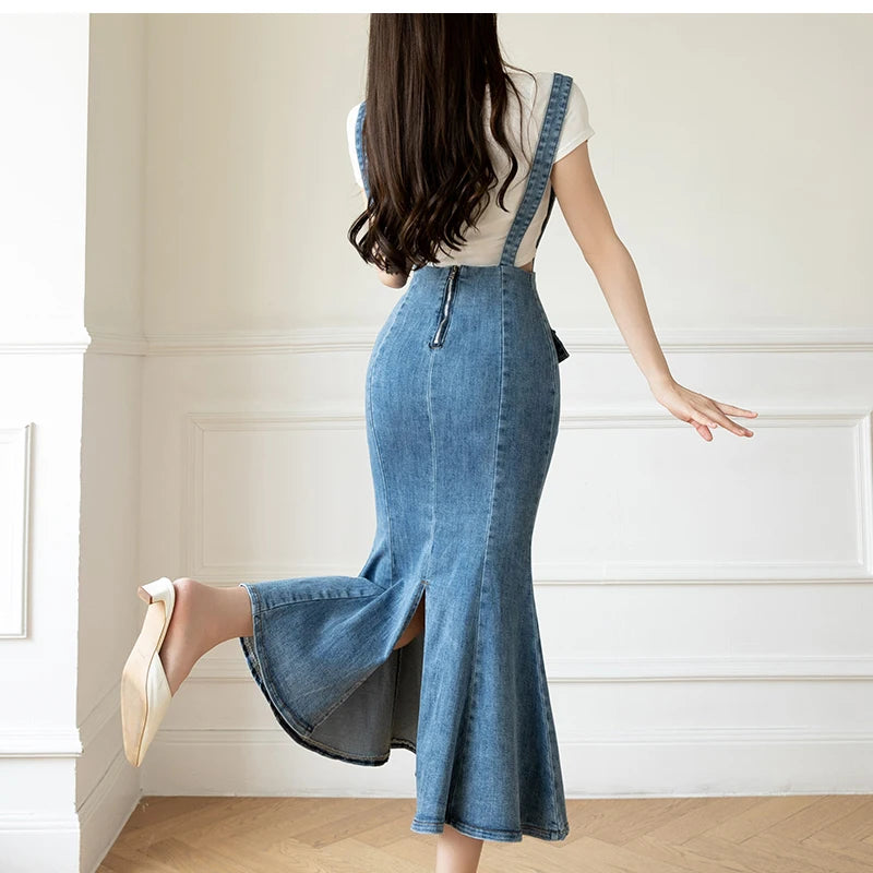 Elegant Casual Denim Jean Skirt for Women's High Waist Bodycon Ruffles Fishtail Skirts Fashion Trumpet Midi Length Skirts Female
