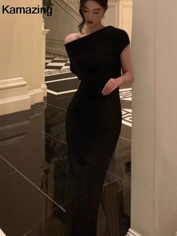 Elegant Solid Bodycon Evening Party Dresses for Women Fashion Off Shoulder Prom Vestidos Summer Korean Robe Female Clothing