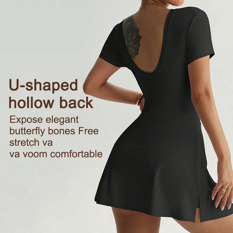 Women Yoga Bodysuit Short Dress Slimming Open Back Two Piece Look Anti See Through Athletic Tennis Skirt for Outdoor Workout