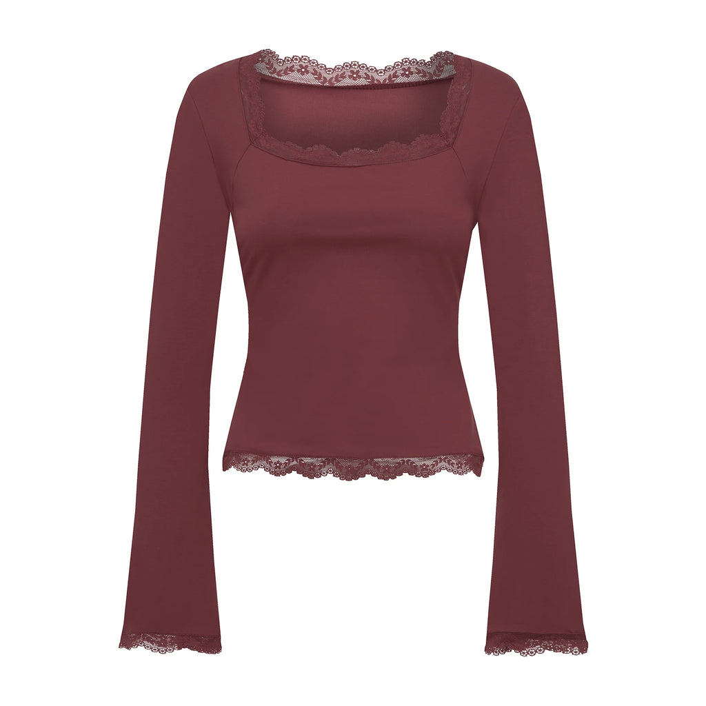 Women's Lace Trim Square Neck T Shirt Y2K Long Bell Sleeve Slim Fit Basic Crop Tops Blouse Fairy Aesthetic Tee Shirts Streetwear