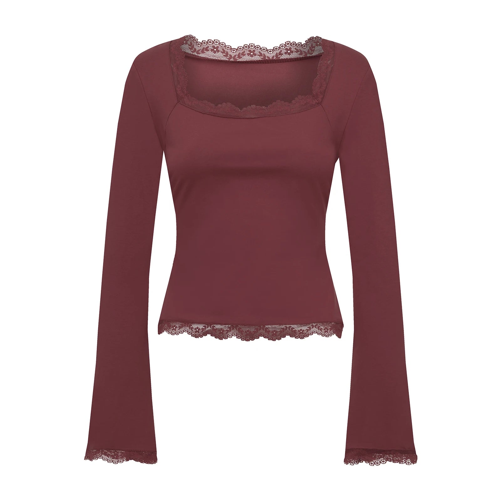 Women's Lace Trim Square Neck T Shirt Y2K Long Bell Sleeve Slim Fit Basic Crop Tops Blouse Fairy Aesthetic Tee Shirts Streetwear