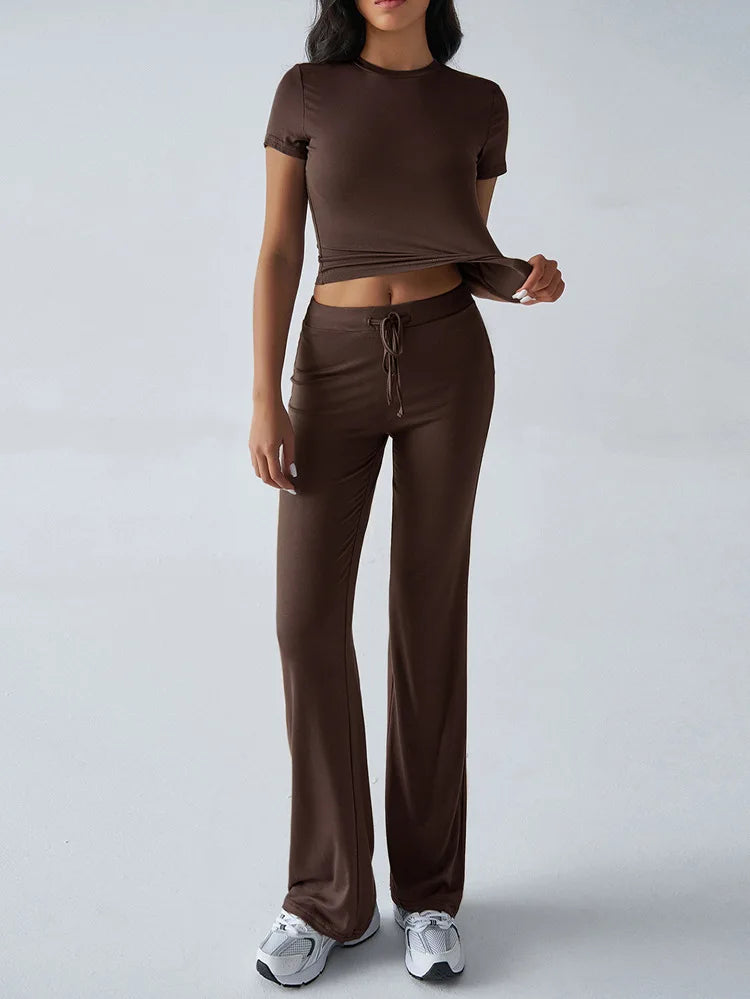 Women's Casual Lounge Set - Short Sleeve Top & Pants Two Piece, Home Wear Yoga Outfit