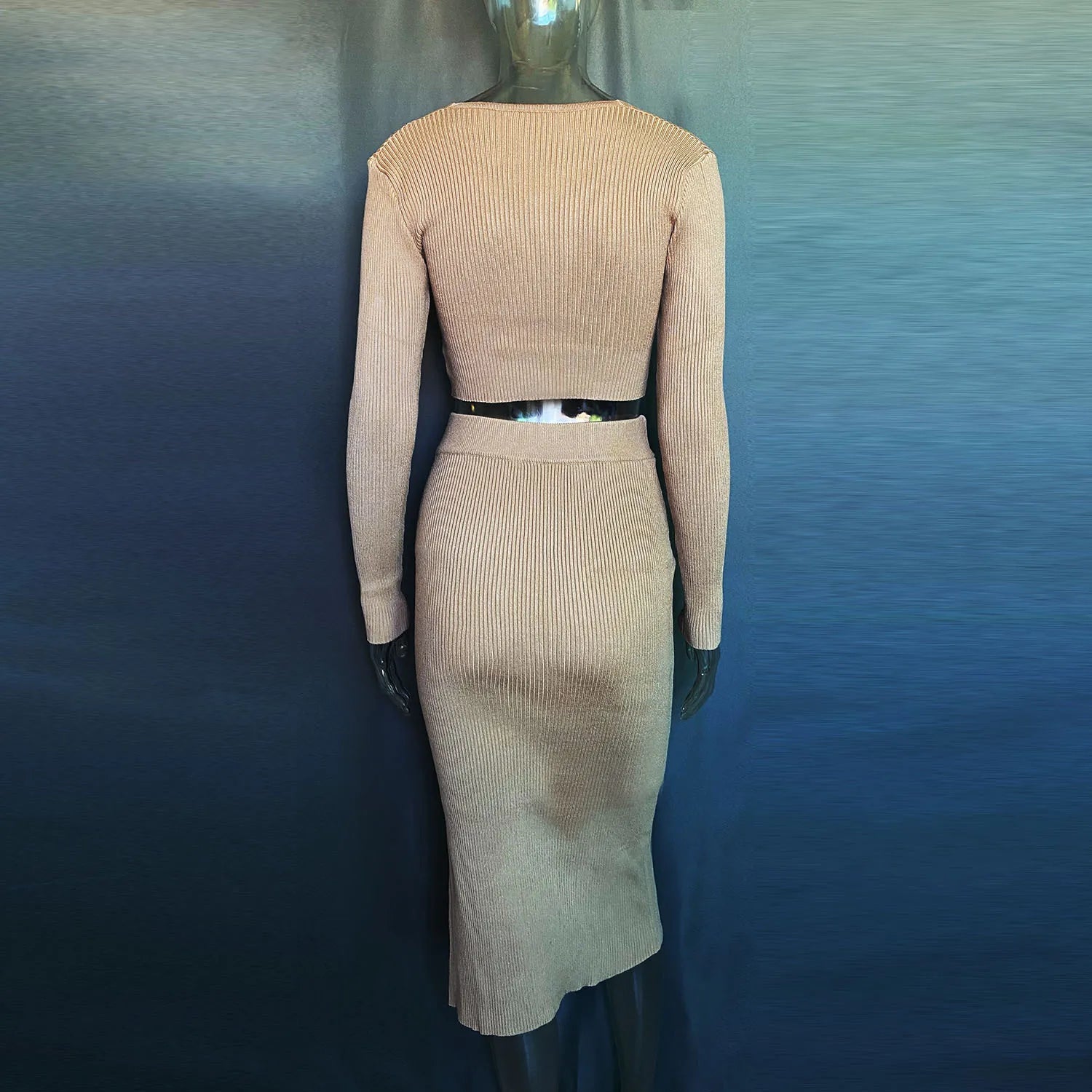 Talenza Knitted Slim Fit Slit Skirt Set 2 Piece Women's Solid Color Pullover Top Long Skirt Set Long Sleeve Women's Suit Skirt