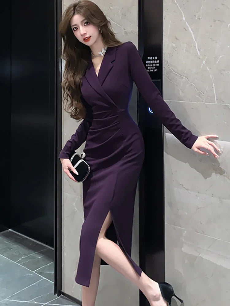 Purpled Elegant Pleated Bodycon Suit Dress for Women 2025 Korean Fashion Formal Dress Autumn Winter Chic Bespoke Occasion Dress