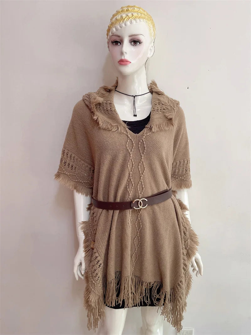 Hooded Crochet Cloak Poncho Shawl - Boho Chic Fringed Knit Wrap for Women, Spring-Autumn Versatile Outerwear
