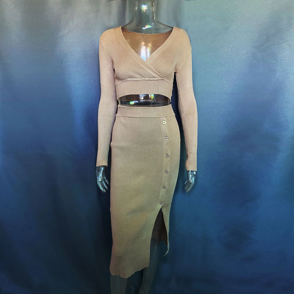 Talenza Knitted Slim Fit Slit Skirt Set 2 Piece Women's Solid Color Pullover Top Long Skirt Set Long Sleeve Women's Suit Skirt