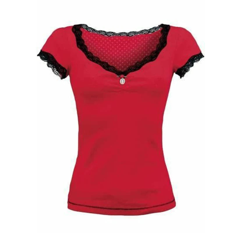 White Lace Trim Neckline Crop Tops Fairycore Aesthetics Vintage Black Milkmaid Tees Chic Women Y2K Retro Grunge T Shirt Korean