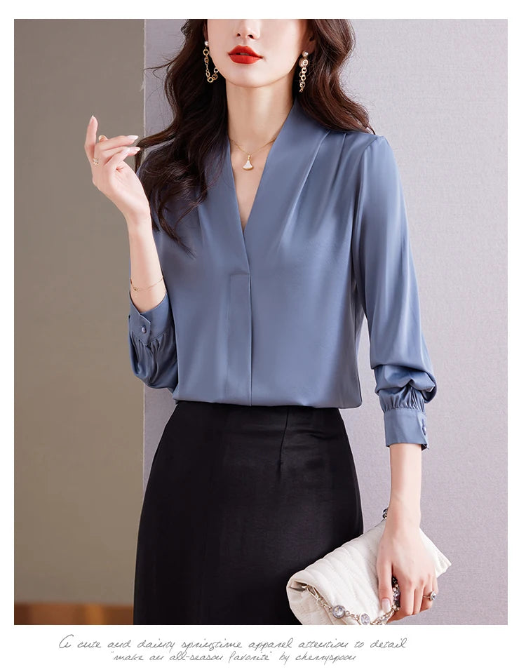 Fashion Woman Blouse 2023 Elegant and Youth Woman Blouses V-neck Silk Women's Autumn Clothing Vintage Shirt Solid OL Womens Tops
