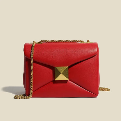 Early Spring Korean Style Cropped Studded Niche Chain Bag 2024 New Trendy Versatile Handbag Genuine Leather Small Square Bag