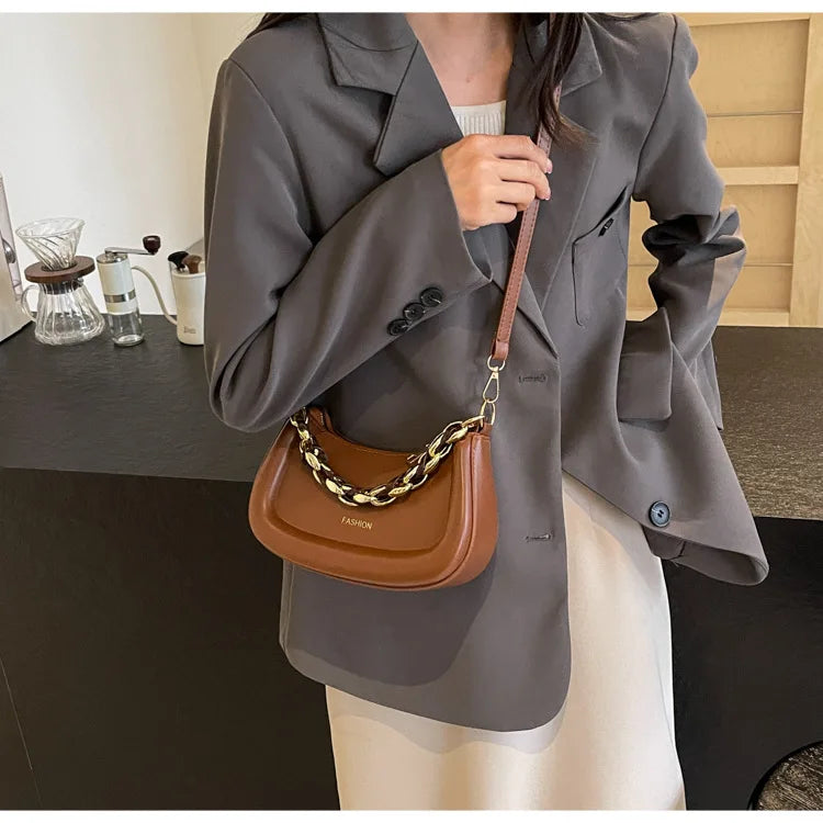 Fashion Chain Handbags Women's Crossbody Bags, Solid PU Leather Shoulder Bag For Daily Used