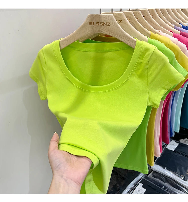 2025 Sexy Square Collar Slim T Shirt Women Cotton Elastic Basic Solid Female Casual Tops Short Sleeve Thin T-shirts See Through