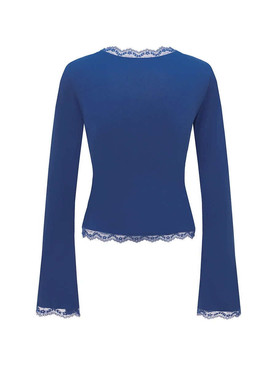 Women's Lace Trim Square Neck T Shirt Y2K Long Bell Sleeve Slim Fit Basic Crop Tops Blouse Fairy Aesthetic Tee Shirts Streetwear