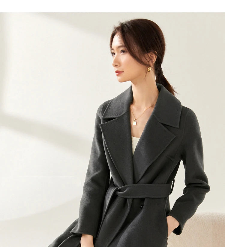 SENTUBILA Women 100% Wool Long Wrap Coat 2025 Elegant Notched Collar Belted Warm Double Faced Woolen Winter Overcoat W24O43352