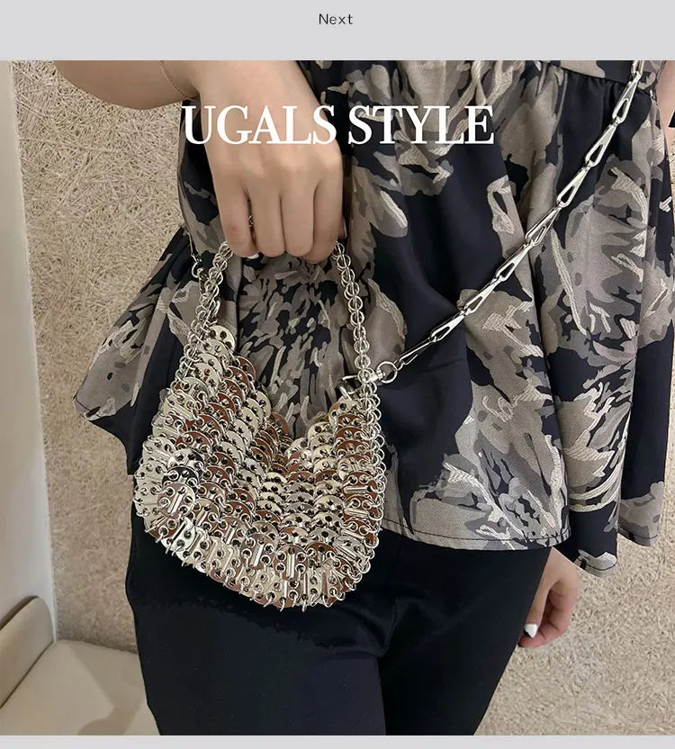 Bling Shiny Metal Sequined Dumpling Bag Woven Handmade Women Handbag Fashion Evening Bag Wedding Party Clutch Purse Shoulder Bag