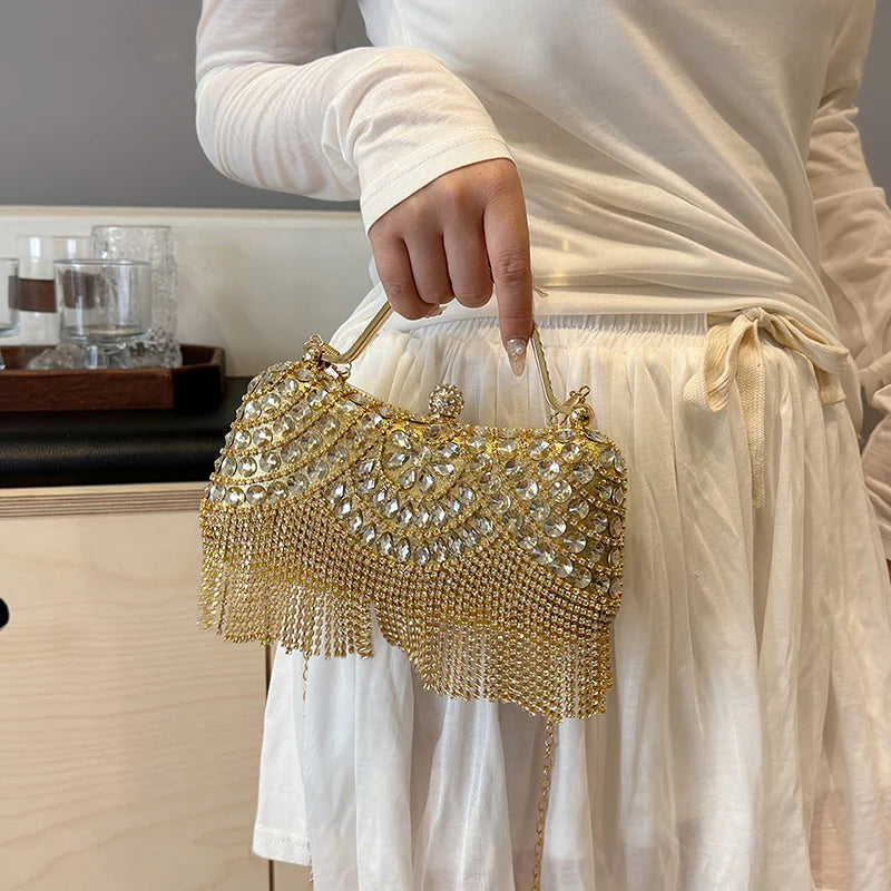 Gold Evening Clutch Bag For Women Luxury Diamond Party Purse Handbag Fashion Tassel Shoulder Crossbody Box Lipstick Bag Designer