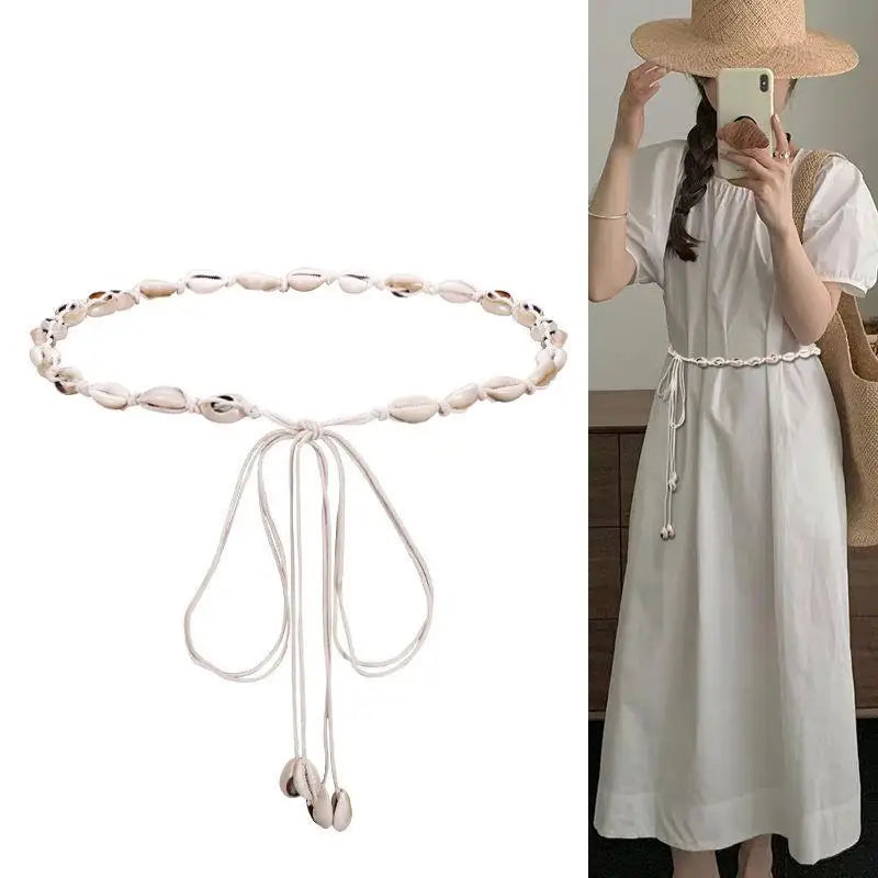 Belts For Women Knot Waistband Summer Boho Shell Bead Dress Jeans Belt Female Beach Accessory Beige Wax Cord
