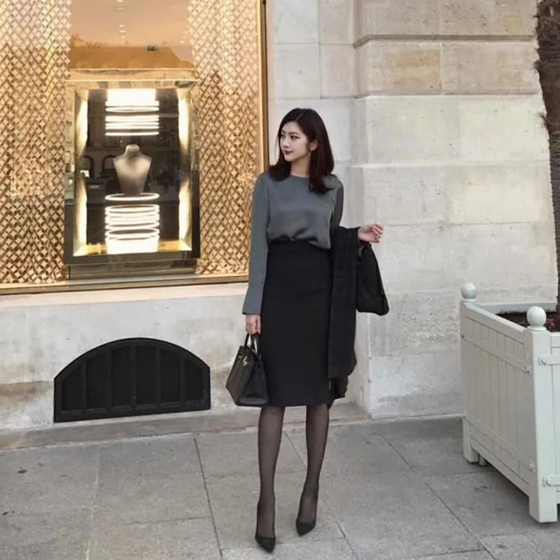 Elegant High Waisted Office Lady Pencil Skirt Korean Fashion Slim Fit Package Hip Midi Skirts Women Solid Color All-match Skirts