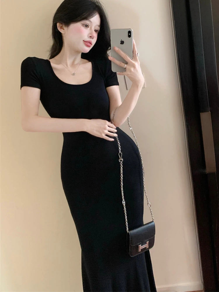 Long Dresses Women Solid Simple Elegant Partywear Gentle Trumpet Vestidos Slim French Vintage Night Club Temper Womens Daily