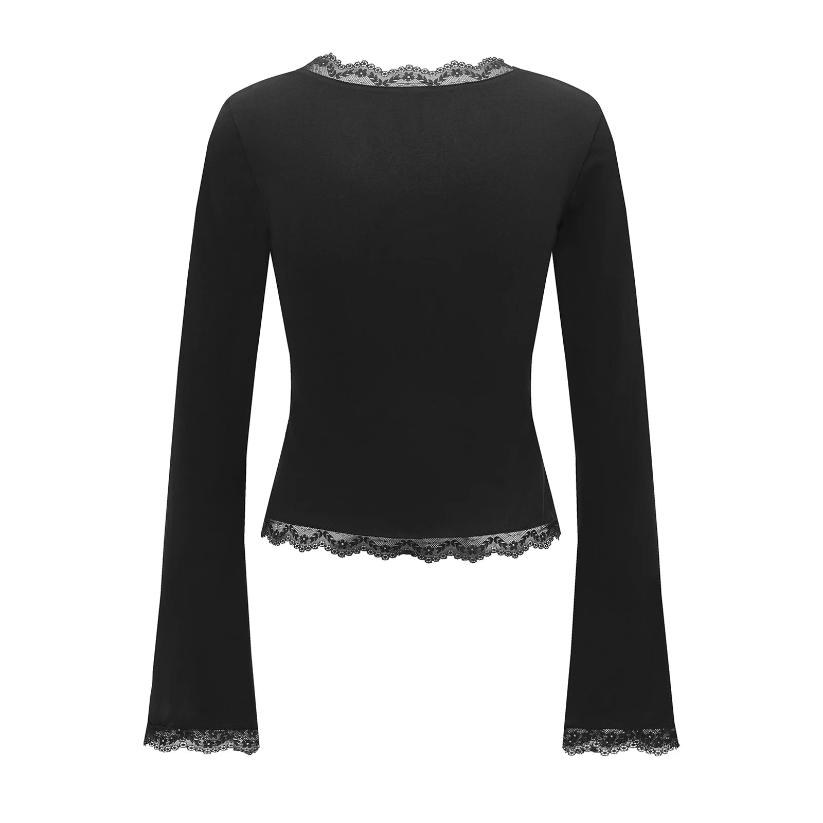 Women's Lace Trim Square Neck T Shirt Y2K Long Bell Sleeve Slim Fit Basic Crop Tops Blouse Fairy Aesthetic Tee Shirts Streetwear