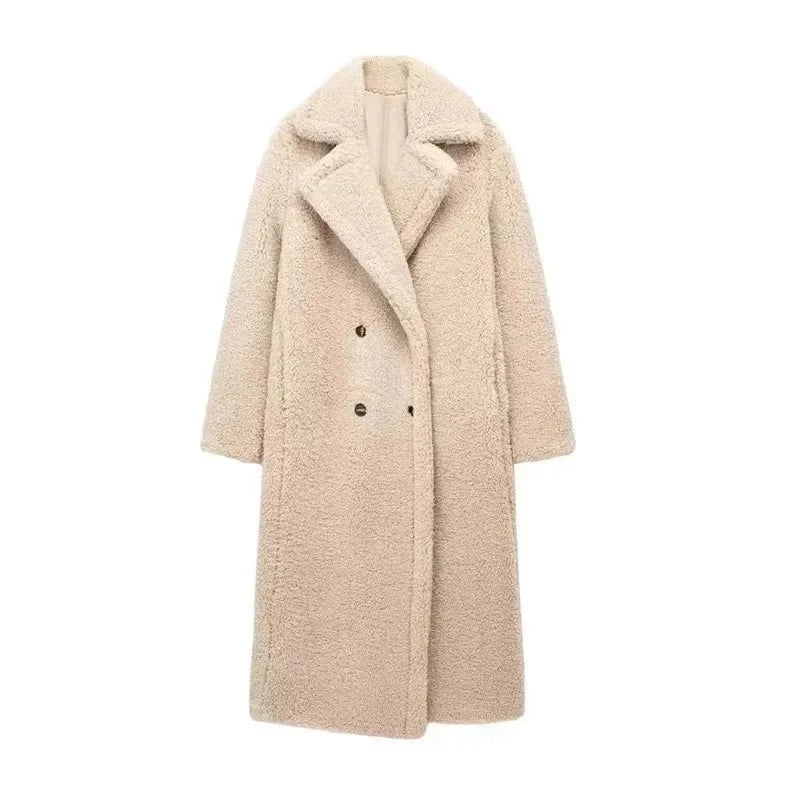 Over-Knee Fleece-Lined Casual Lapel Coat Double-Button Decoration Loose Women's Outerwear Versatile Beige New Year's Quality Sty