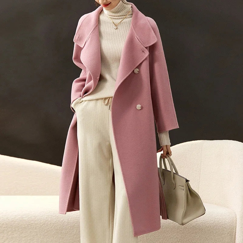 SENTUBILA Women's Long Woolen Overcoats 2025 Winter Outerwear Elegant Turtleneck Warm Double Breasted Belt Wrap Coat W24O42064