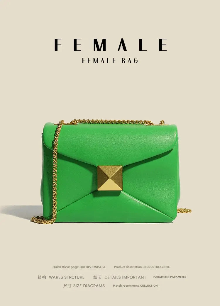 Early Spring Korean Style Cropped Studded Niche Chain Bag 2024 New Trendy Versatile Handbag Genuine Leather Small Square Bag