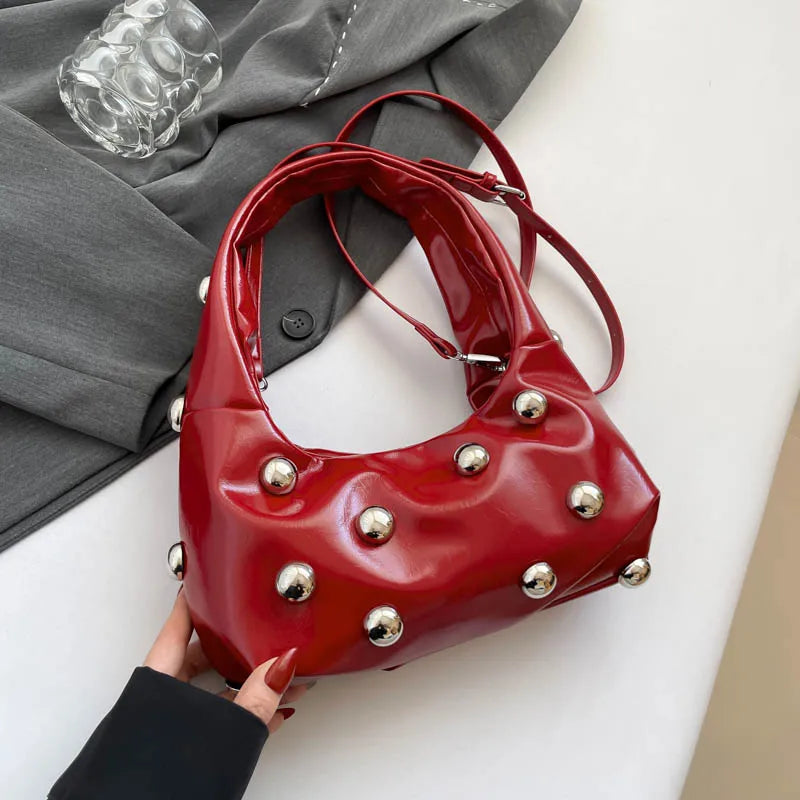 Black Half Moon Underarm Bag For Women Luxury Studded Beading Handbags Red Purse Solid Color Pu Leather Shoulder Crossbody Bags