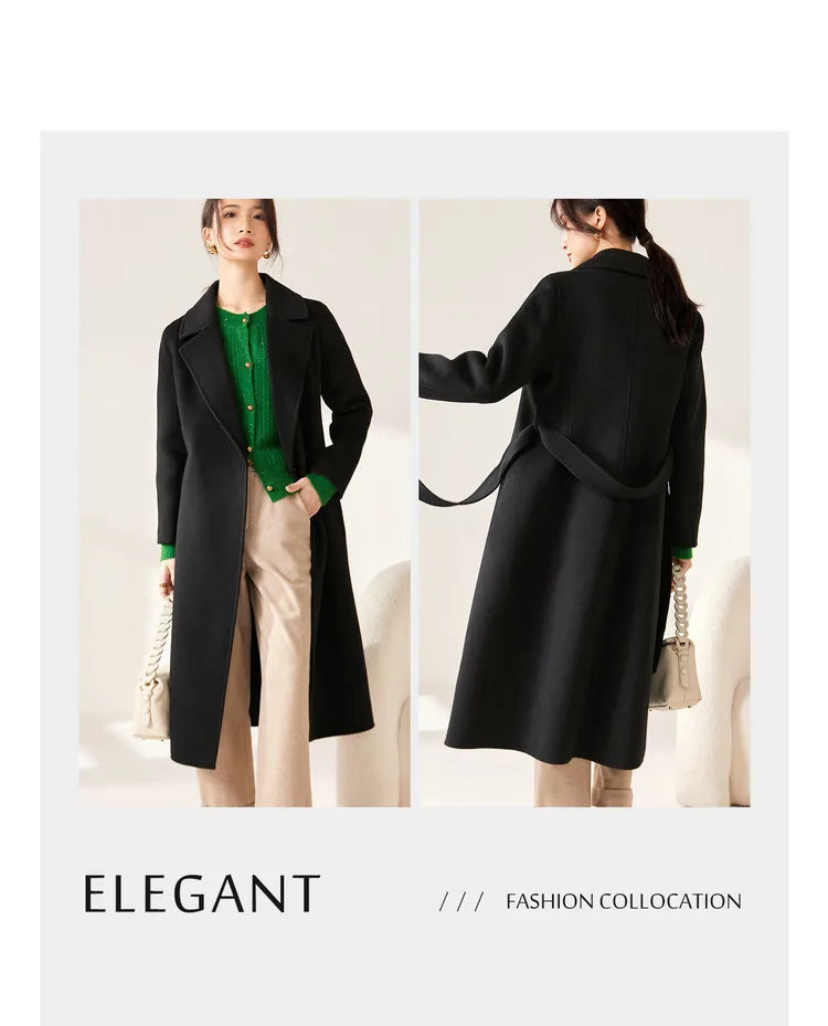 SENTUBILA Women 100% Wool Long Wrap Coat 2025 Elegant Notched Collar Belted Warm Double Faced Woolen Winter Overcoat W24O43352