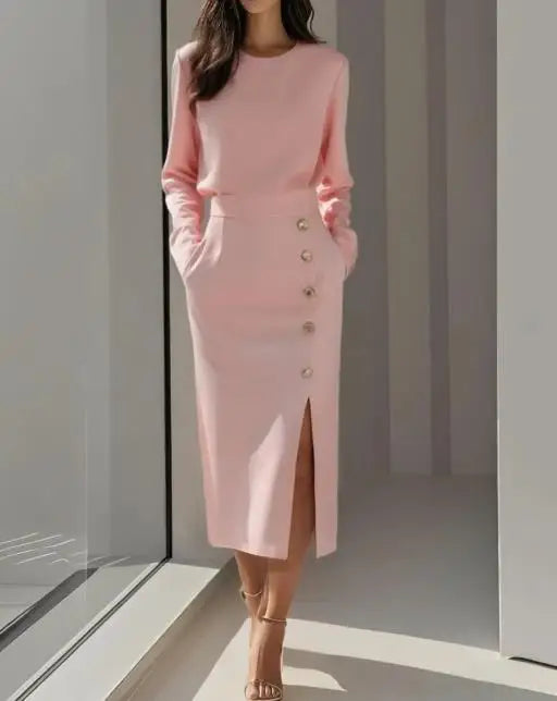 Women's Elegant High Waist Dresses 2025 Autumn New Fashion Temperament Solid Color Round Neck Button Decor Slit Dress for Women