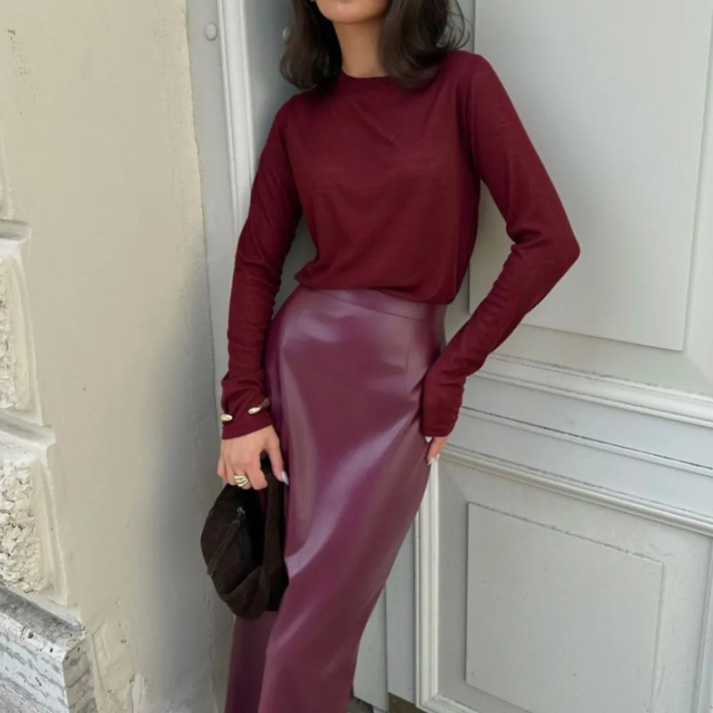 Women PU Skirt 2024 New Fashion High Waist Faux Leather Bottoms Sexy Mid-length Package Hip Slit Hem Elegant Office Party Wear