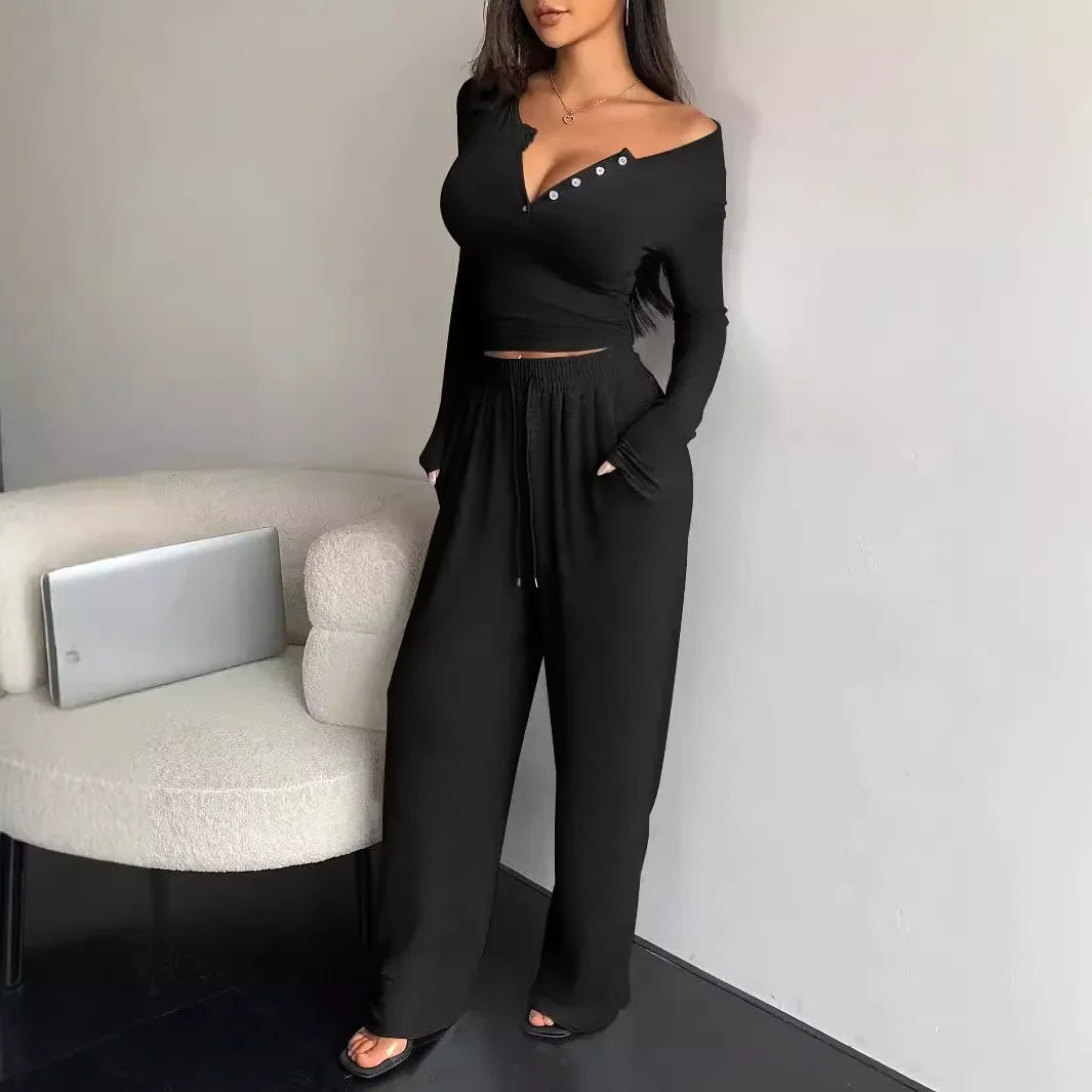 Two Piece Sets Women Pants Set Tracksuit Full Sleeve Sheath V Neck Tops Lace Up Elastic Waist Wide Leg Long Pants Casual Loose