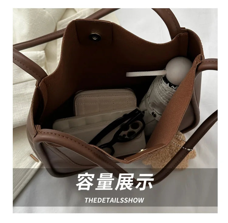 Women's Retro Tote - High-Quality Solid Color, Minimalist Large-Capacity Commuter Handheld/Single-Shoulder