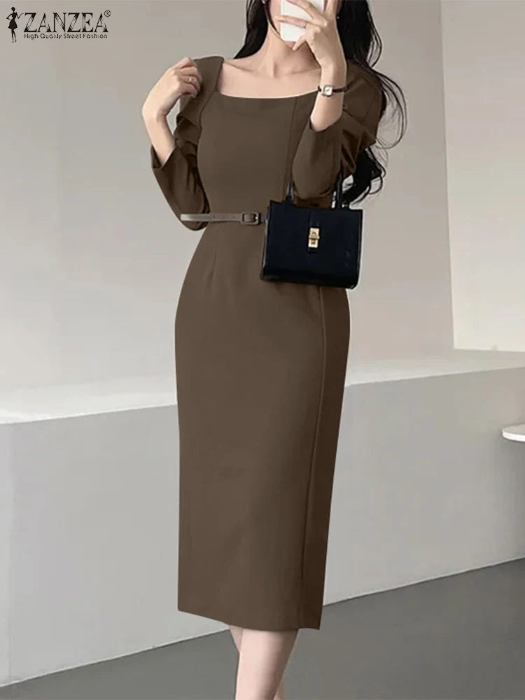 Elegant Autumn Office Lady Dresses 2025 ZANZEA Women Square Neck Long Sleeve Party Work Dress Midi Vestidos Solid Slim Fit Robe