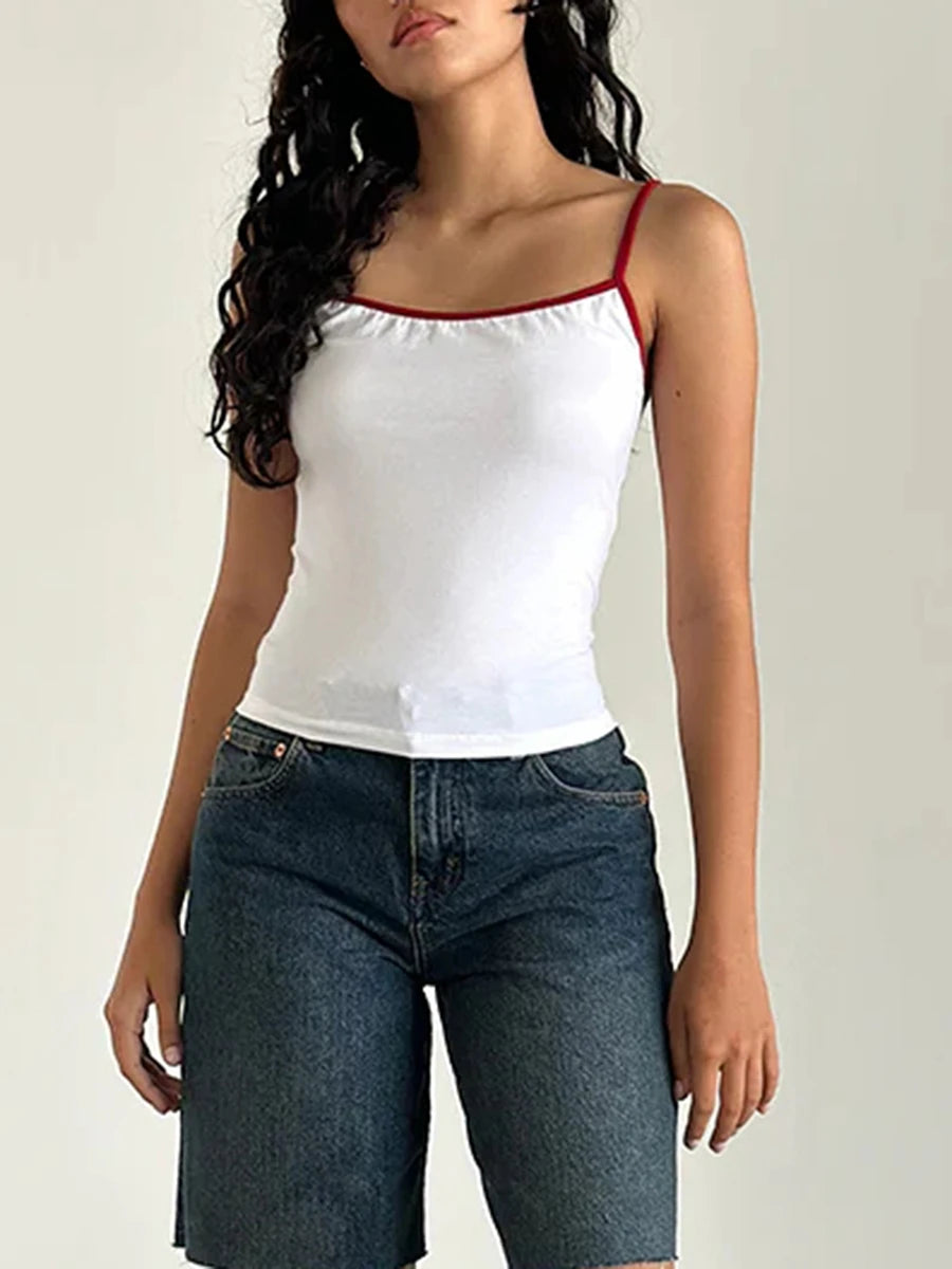 Women Spaghetti Strap Tank Top Scoop Neck Contrast Trim Crop Cami Top Y2K Aesthetic Sleeveless Fitted Basic Tops Streetwear