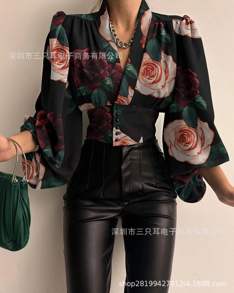 Elegant And Youth Woman Blouses Spring V-neck Lantern Sleeve Slim Fit Women's Shirts Button Long Sleeve Shirts And Blouses 2024