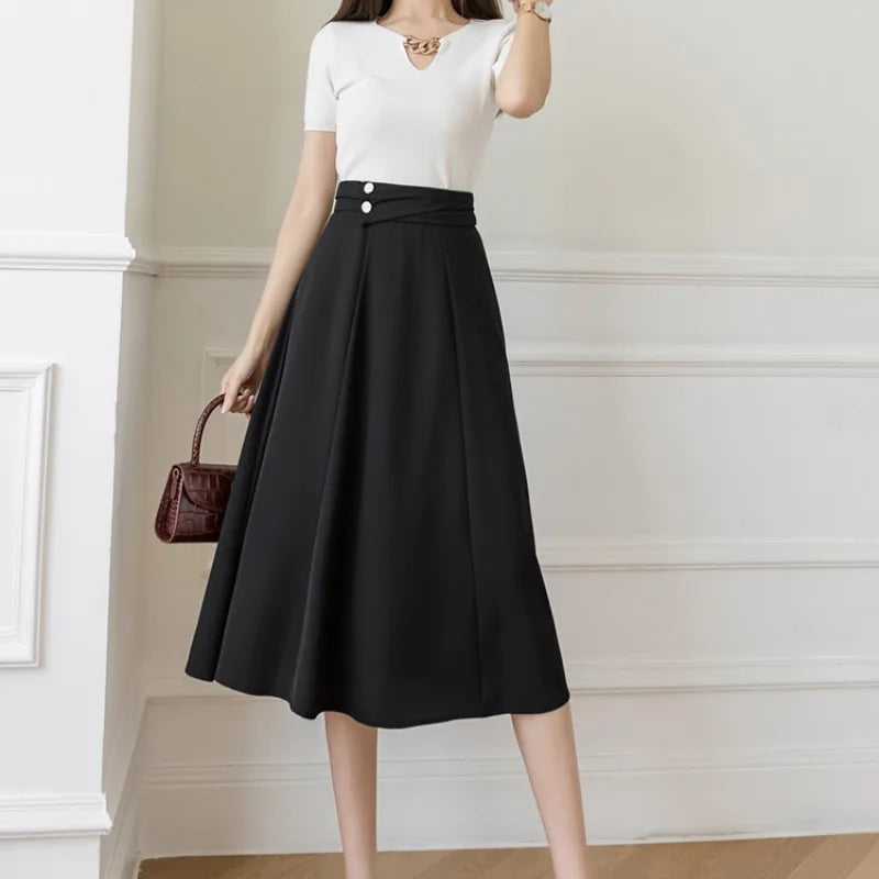 Women's Skirts High Waist Sweet Girl's Mid-calf Skirt Solid Skirts for Women Vintage Long Fashion 2023 Kawaii Summer Women Skirt