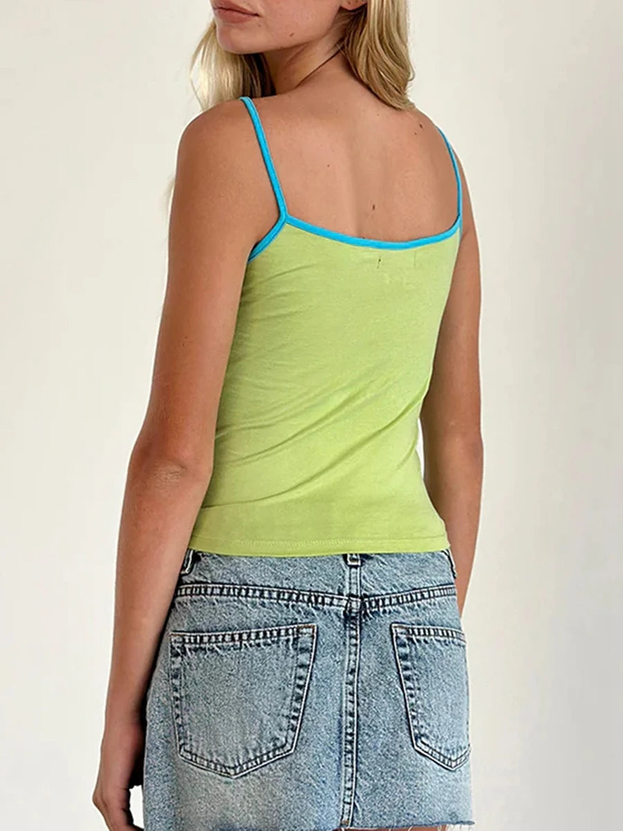 Women Spaghetti Strap Tank Top Scoop Neck Contrast Trim Crop Cami Top Y2K Aesthetic Sleeveless Fitted Basic Tops Streetwear