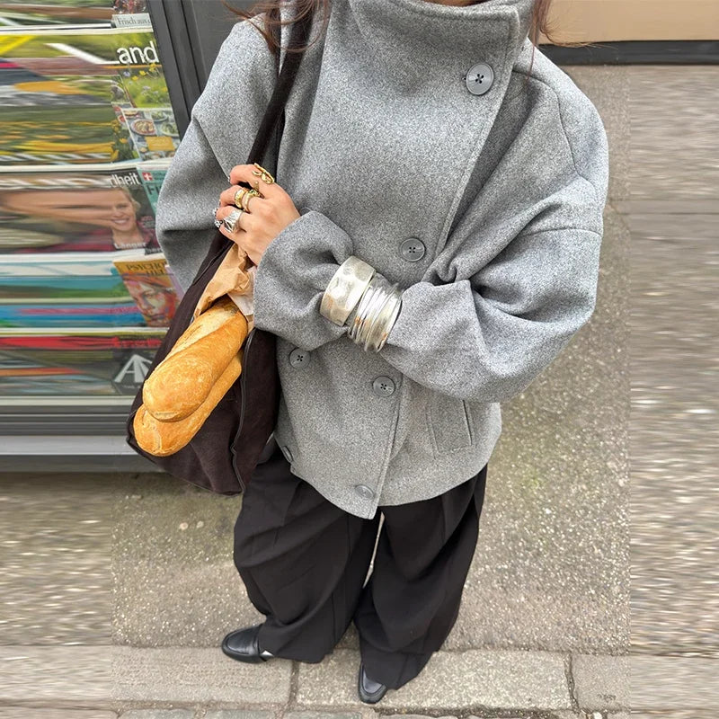 Elegant Women's Short Woolen Coats Loose Stand Collar Double Breasted Pocket Full Sleeve Jacket 2025 Autumn Lady Street Outwear