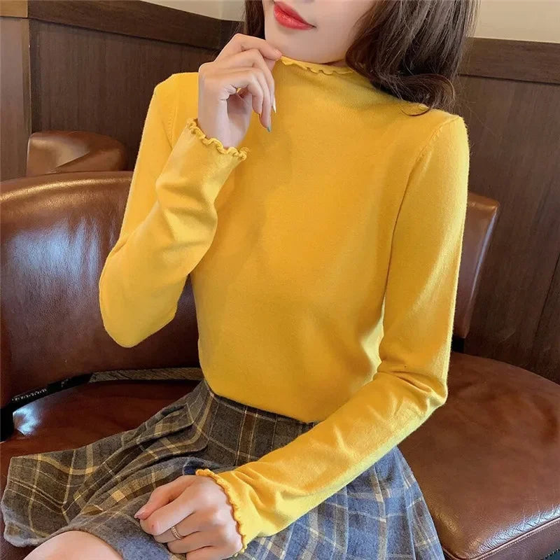 2025 Autumn and Winter Women Blouse Long Sleeve Solid Slim Turtleneck Fleece Versatile Tops Tees Female