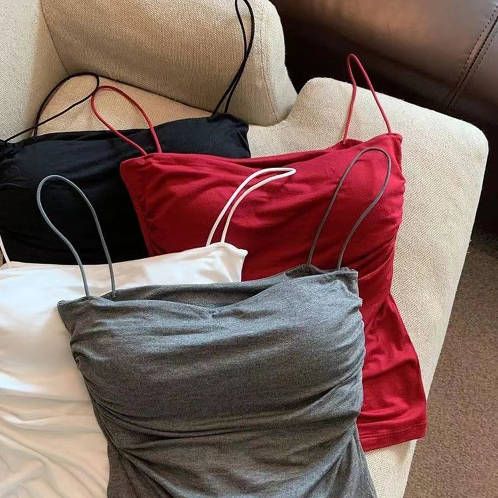 Women Tank Tops Spaghetti Strap Camisole Solid Color Push Up Padded Tank Top with Cups Girls Sports Vest Tops Summer Camis