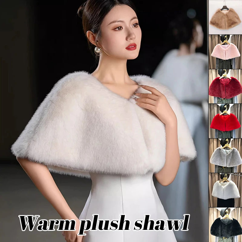 110cm New Bridal Wedding Shawl Wraps Cape Elegant Women Faux Fur Shawl Formal Party Evening Dress Winter Warm Plush Coat Cloak