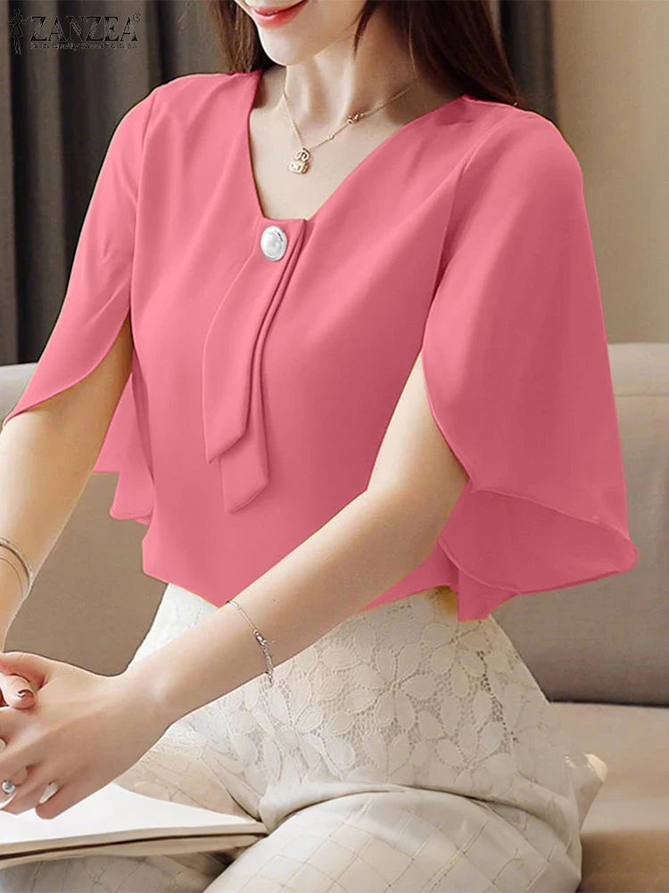 Elegant Office Women Blouses 2025 ZANZEA Stylish Short Ruffled Sleeve Solid Tunic Shirt Female Work OL Tops Casual V Neck Blusas
